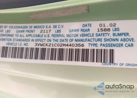 2002 Volkswagen New Beetle Gls z USA, uszkodzony, nr VIN 3VWCK21C02M440356